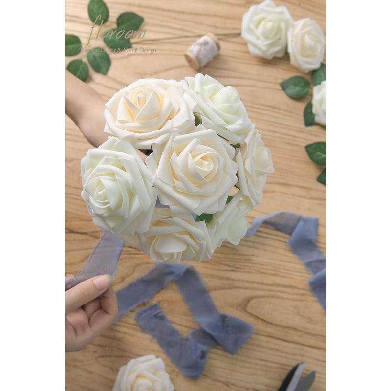 Floroom Artificial Flowers 25pcs Real Looking Ivory Foam Fake Roses with Stems for DIY Wedding Bouquets White Bridal Shower Centerpieces Arrangements Party Tables Decorations