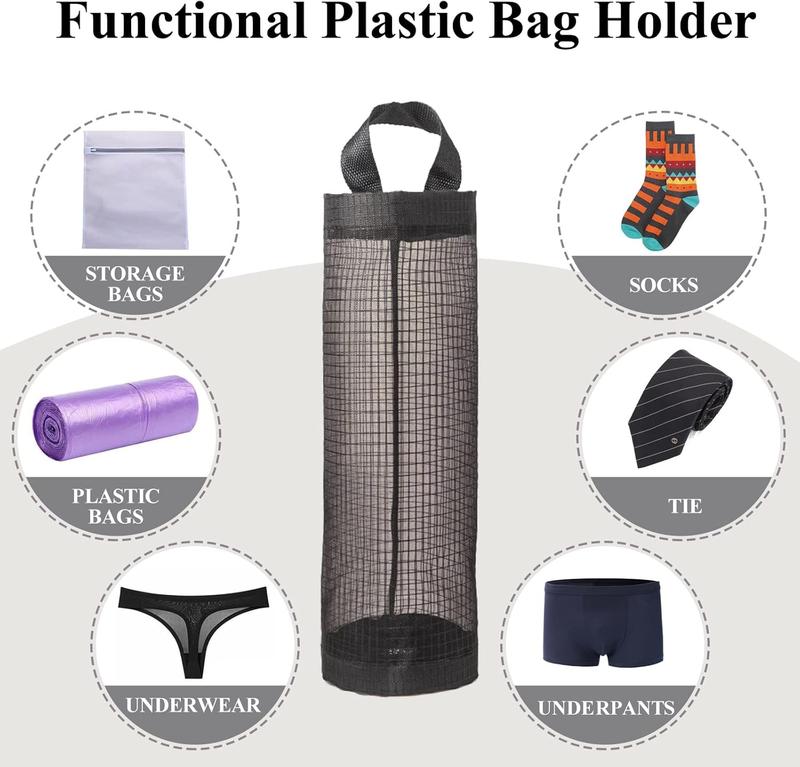 Plastic Bag Holder, Grocery Bag Holder Mesh Hanging Storage Bag Dispenser (Black 2 Packs)