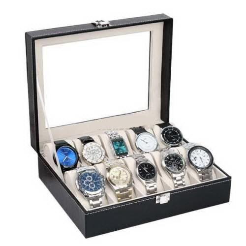 10 Compartments High-grade Leather Watch Collection Storage Box Black