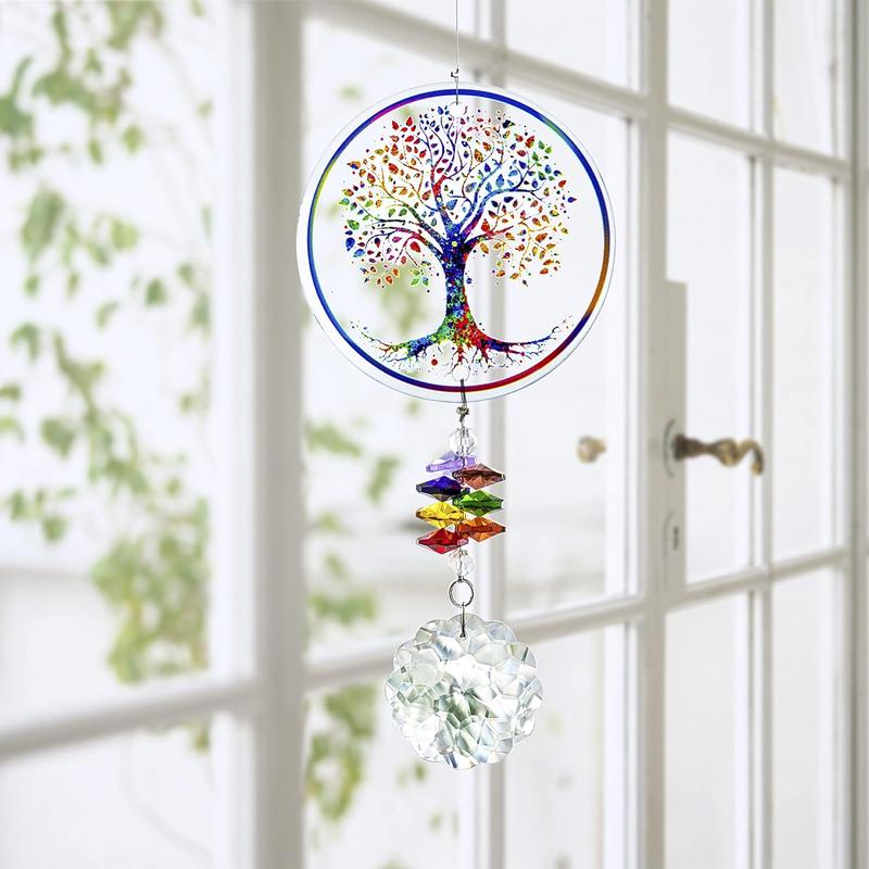 Chakra Tree of Life Suncatcher Glass Art Hanging Ornament Handmade Crystal Mandala Prism Decor Window Car Wall Art Hanging Decor for Home Office