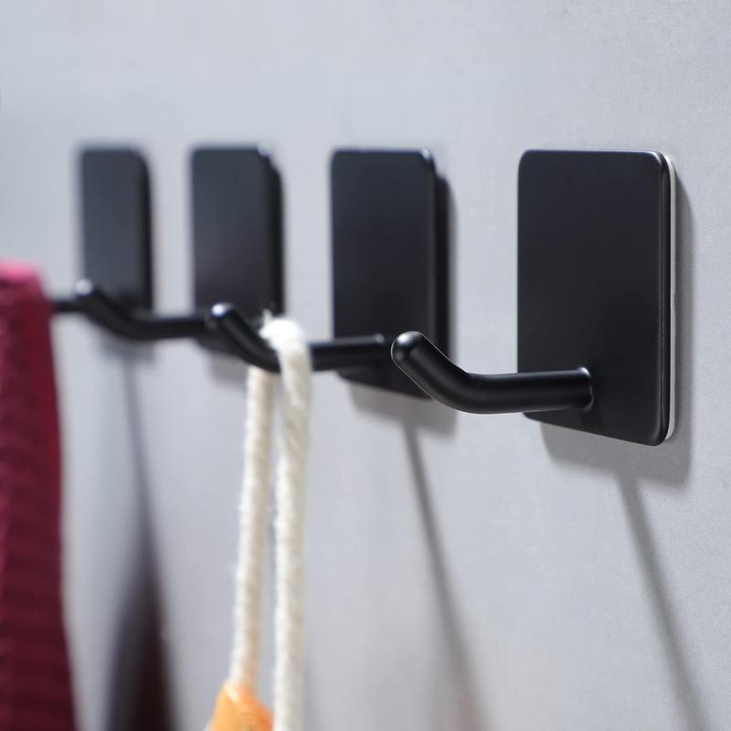 Adhesive Towel Hooks - 4 Pack Towel Hooks for Hanging Robes Coat Hooks Stick on Wall Hooks Stainless Steel, Matte Black Organiser Plastic Door Hangable Hangers