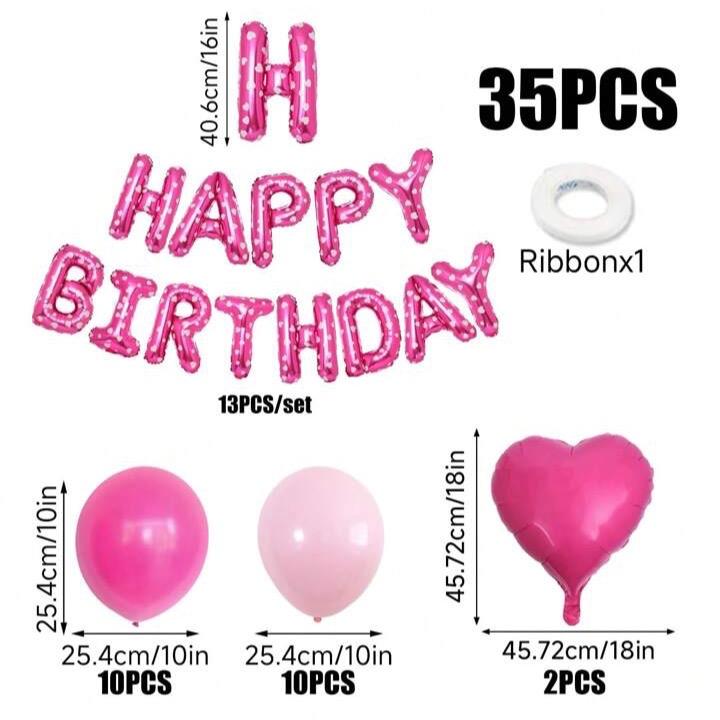 35pcs Pink Printed Birthday Party Set with Heart Balloons and Banner Decoration Decor