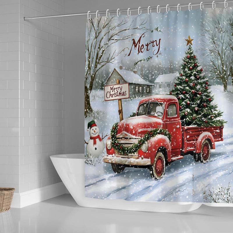 Christmas Theme Shower Curtain, 1 Count Waterproof Fabric Shower Curtain with 12pcs Hooks, Bathroom Decoration Supplies for Home Hotel Salon