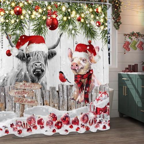 Rustic Cute Xmas Highland on Country Wooden Farmhouse Winter Shower Curtain, Farm Animal Christmas Holiday Bathtubs Decor with 12 Hooks, 72x72 in