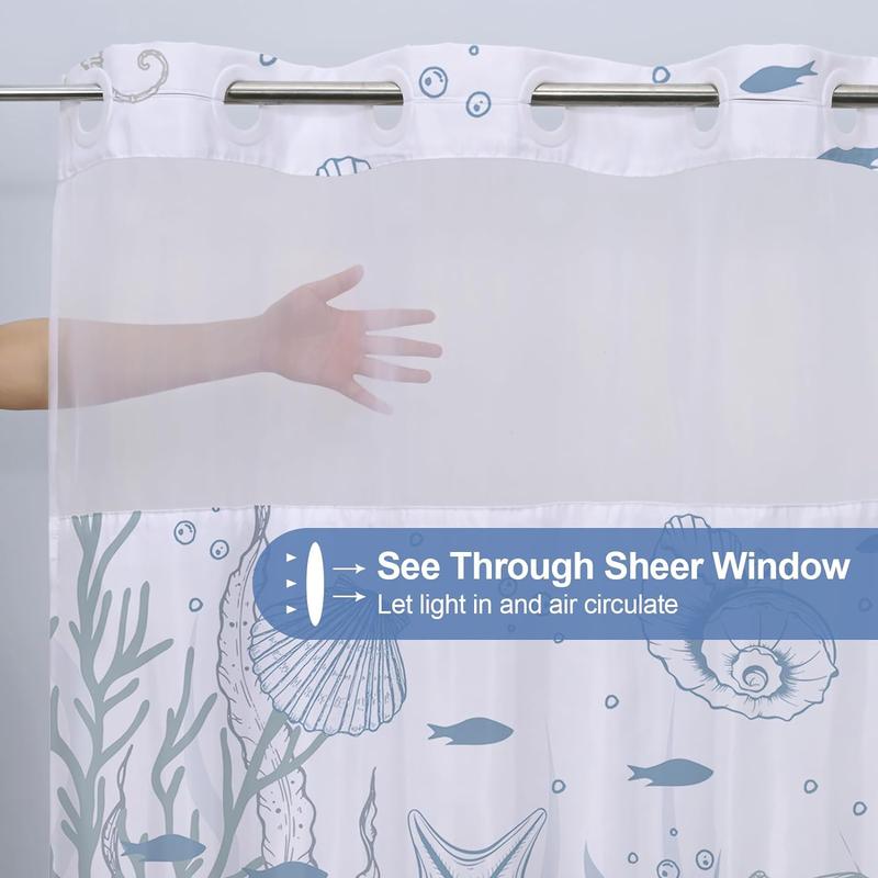 No Hook Shower Curtain with Snap in Liner Seashell Beach Shower Curtain Fabric Waterproof Inner Liner Themed Shower Curtains for Bathroom Decor