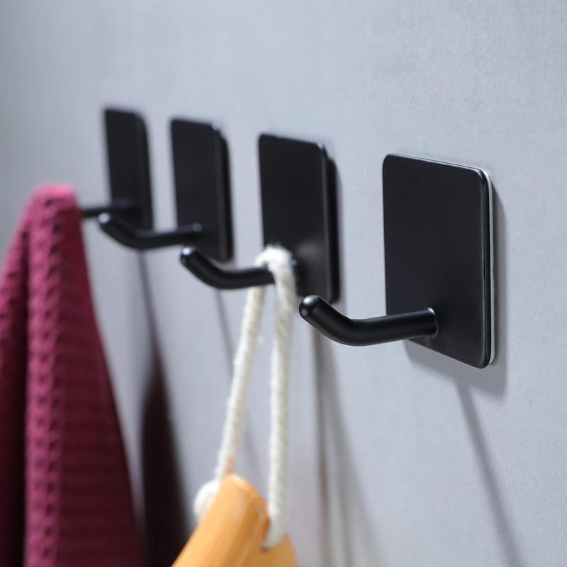 Adhesive Towel Hooks - 4 Pack Towel Hooks for Hanging Robes Coat Hooks Stick on Wall Hooks Stainless Steel, Matte Black Organiser Plastic Door Hangable Hangers