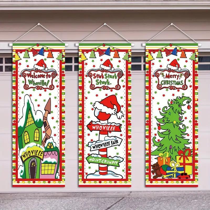 Christmas Door Banner, 3 Counts set Cartoon Pattern Door Hanging Banner, Indoor & Outdoor Festival Decoration, Home Decor Supplies