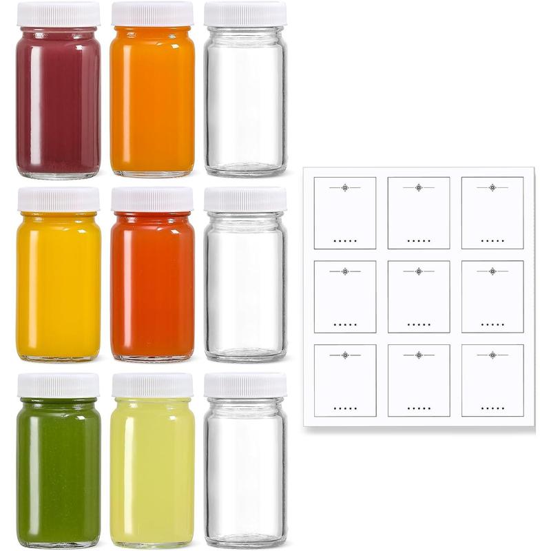 15 Pack 2 oz Glass Shot Mini Bottles w  Black Lids & 15 Labels - Small Clear Jar for Ginger, Wellness Shot, Juice, Sample, Whiskey - Travel Essentials - Wide Mouth, Leakproof, Dishwasher Safe