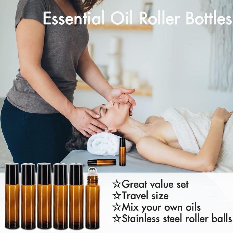 6 Pack Essential Oil Roller Bottles, 10ml Roller Balls for Essential Oils, Amber Glass Roller Bottles, Roll on Bottles with Stainless Steel Roller Balls, Labels, 1*Openers, 1*Funnels, 1*Dropper