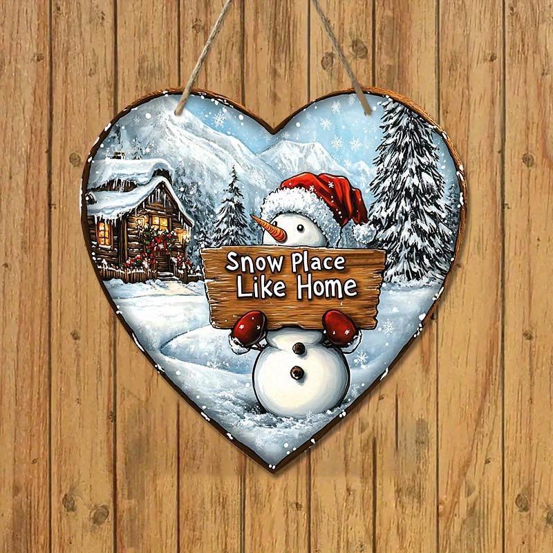 Snowman & Letter Pattern Wooden Hanging Sign, 1 Count Heart Shaped Hanging Decor, Wall Art for Home, Office, Front Door, Garden, Country Decoration