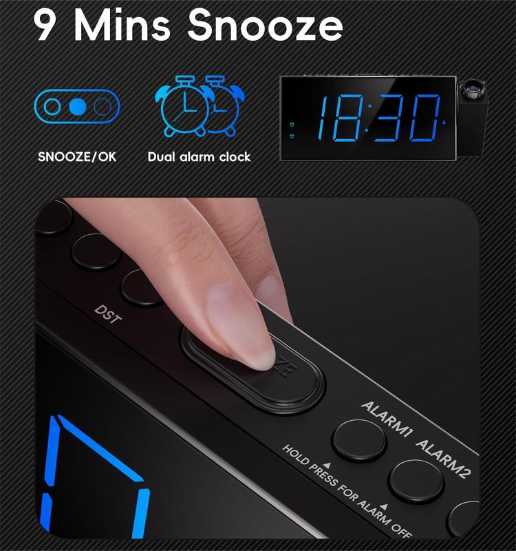 Digital Projection Alarm Clock for Bedroom - Large LED Display,180° Rotatable Projector, 5 Level Dimmer, USB Charger, Battery Backup, Loud Dual Alarm Clock for Everyone in the House, Elderly, Heavy Sleepers,12 24 Hour,Daylight Saving Time Decor Set Switch