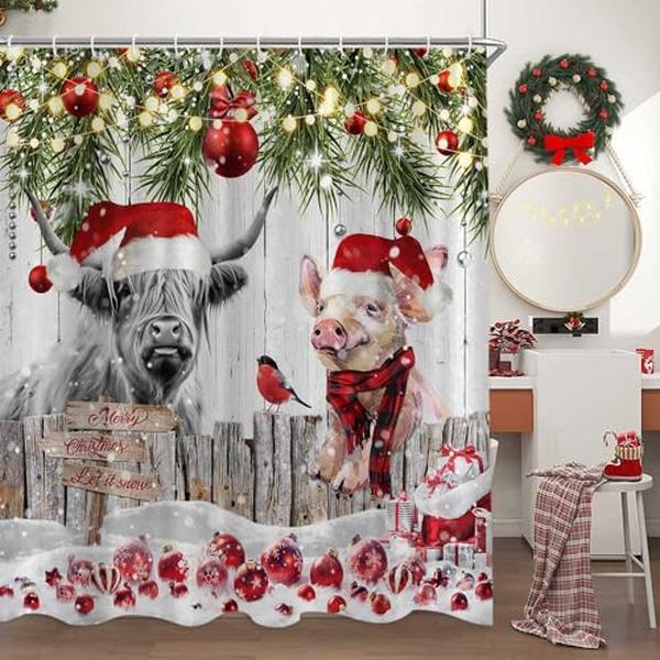 Rustic Cute Xmas Highland on Country Wooden Farmhouse Winter Shower Curtain, Farm Animal Christmas Holiday Bathtubs Decor with 12 Hooks, 72x72 in