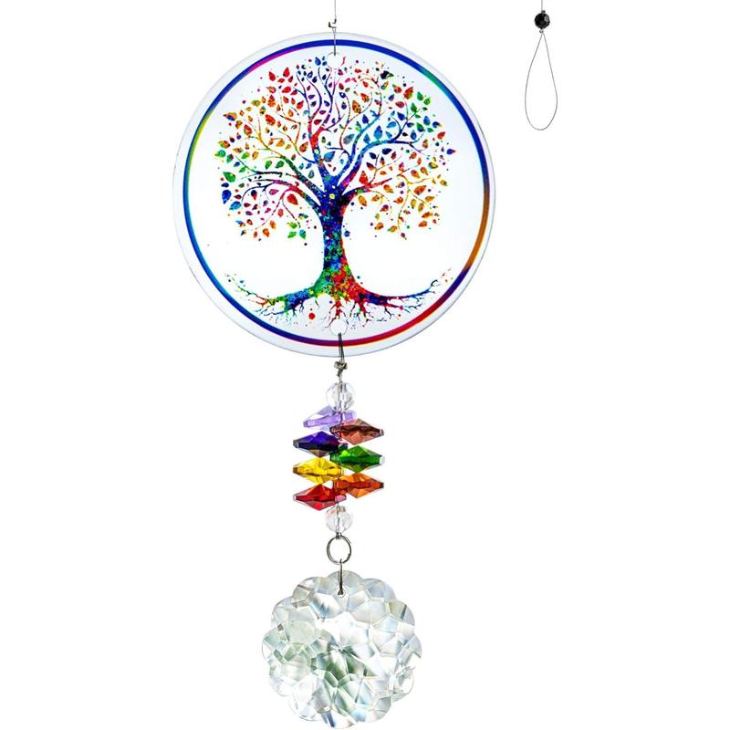 Chakra Tree of Life Suncatcher Glass Art Hanging Ornament Handmade Crystal Mandala Prism Decor Window Car Wall Art Hanging Decor for Home Office