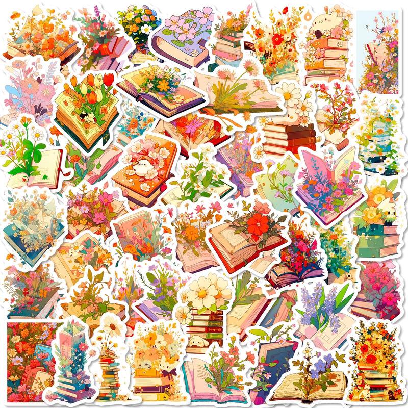 50pcs Floral Book Pattern Decorative Sticker, Creative Waterproof Sticker For DIY Scrapbook Laptop Luggage Decoration