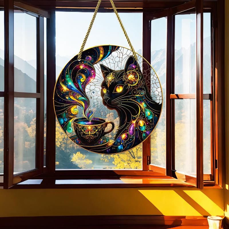 Cat & Coffee Pattern Sun Catcher, Round Acrylic Hanging Decor, Durable and Lightweight Hanging Ornament for Office, Room, Kitchen