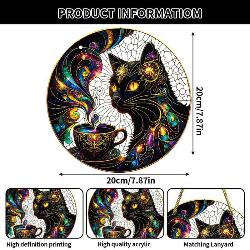 Cat & Coffee Pattern Sun Catcher, Round Acrylic Hanging Decor, Durable and Lightweight Hanging Ornament for Office, Room, Kitchen