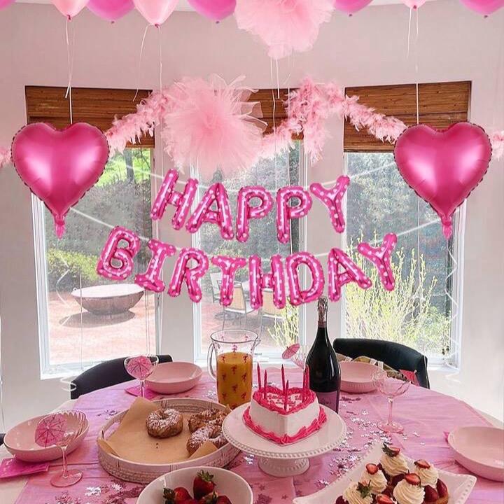 35pcs Pink Printed Birthday Party Set with Heart Balloons and Banner Decoration Decor