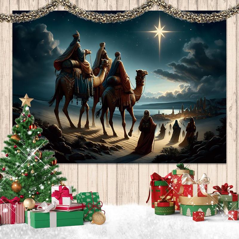 Nativity Themed Backdrop, 1 Count Christmas Camel & Three Wise Men Element Backdrop, Hanging Decor for Living Room Bedroom Dormitory