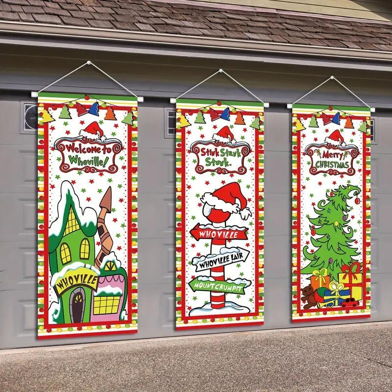 Christmas Door Banner, 3 Counts set Cartoon Pattern Door Hanging Banner, Indoor & Outdoor Festival Decoration, Home Decor Supplies