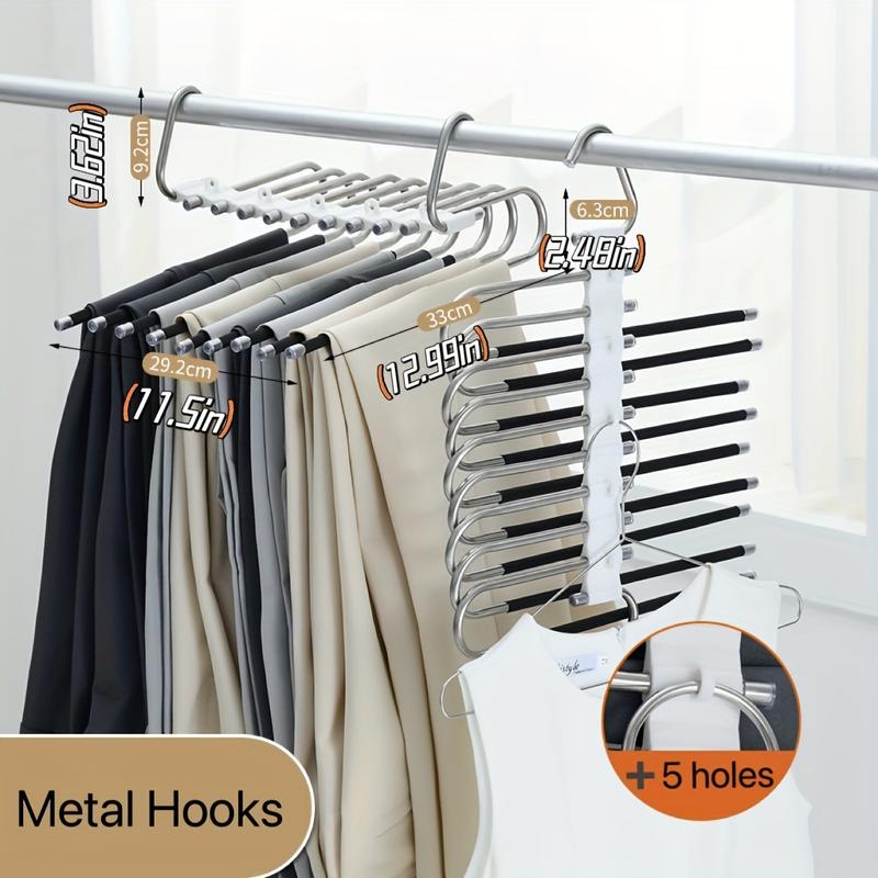 Space-Saving S-Type Pants Hanger - 9-Tier Non-Slip Organizer - Extra 5 Hooks for Jeans, Leggings, Trousers - Increases Closet Space by 80%