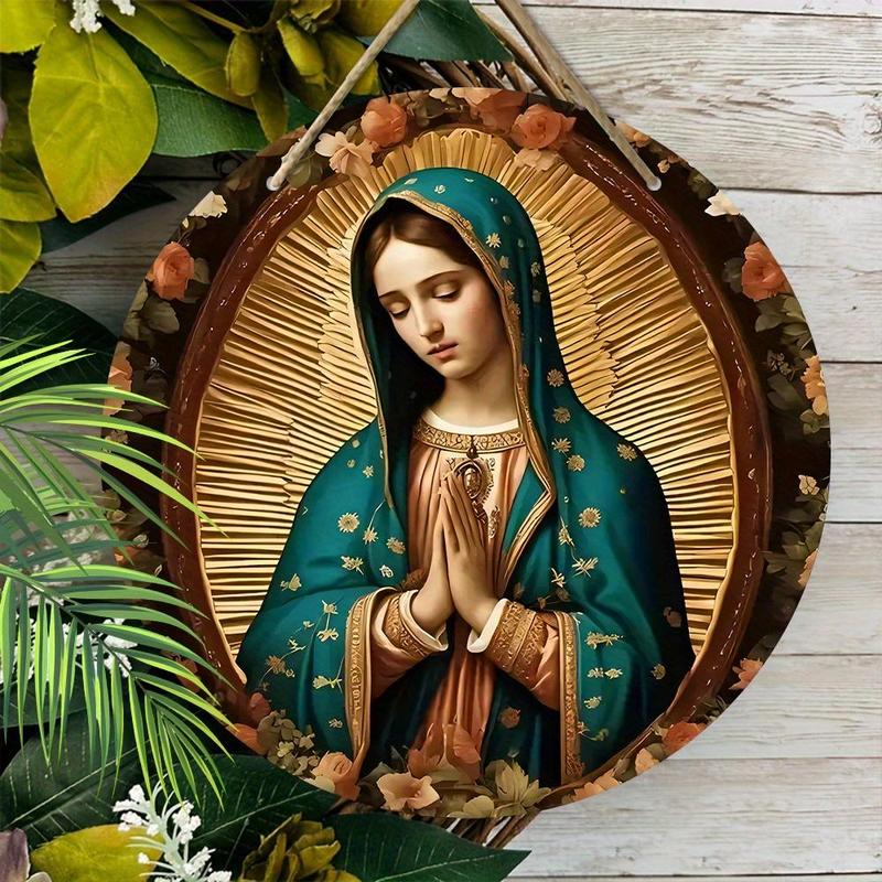 Our Lady Virgin Pray Wooden Round-shaped Hanging Wall Decor, 1 Count Traditional Festive Hanging Ornament, Hanging Decor for Holiday Party