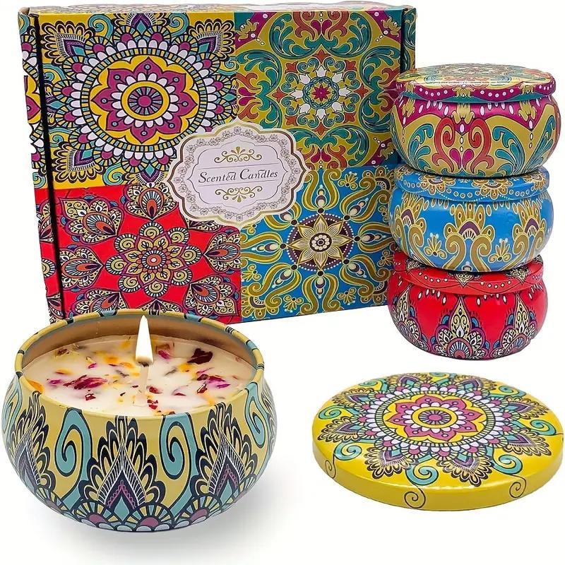 Scented Candle Set, 4 Counts set Colorful Floral Pattern Jar Candle, Aromatherapy Candle for Stress Relief, Relaxation, Bathing, Yoga and Gifts