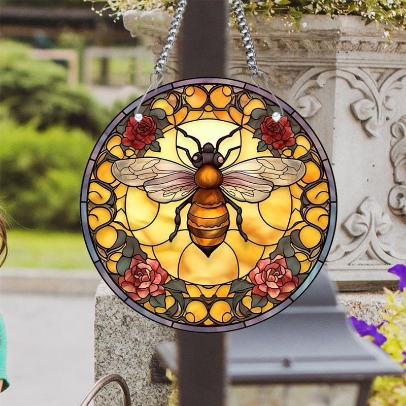 Bee & Flower Pattern Hanging Decor, 1 Count Creative Round Acrylic Hanging Ornament, Hanging Decor for Home Living Room Bedroom