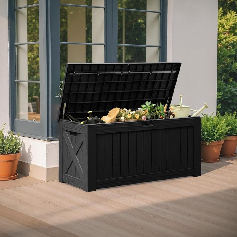 Deck Box 120 Gallon Waterproof Large Deck Boxes Plus Outdoor Indoor Storage Box Imitation Wood Resin for Patio Furniture Garden Tools and Pool,Dark Black