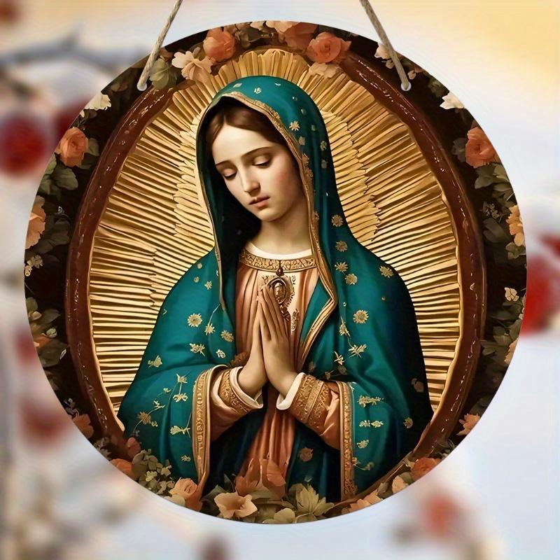 Our Lady Virgin Pray Wooden Round-shaped Hanging Wall Decor, 1 Count Traditional Festive Hanging Ornament, Hanging Decor for Holiday Party