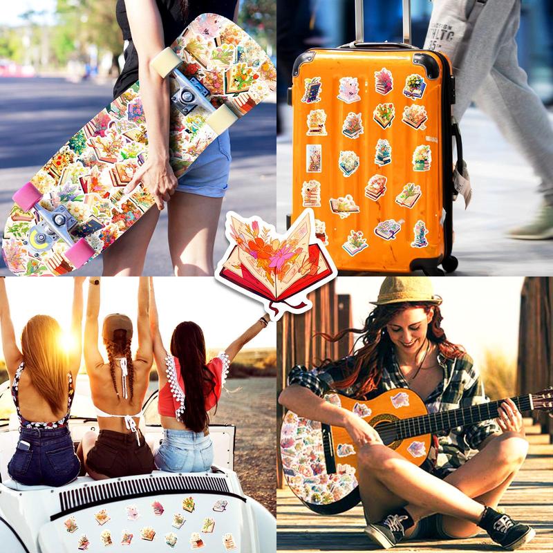 50pcs Floral Book Pattern Decorative Sticker, Creative Waterproof Sticker For DIY Scrapbook Laptop Luggage Decoration