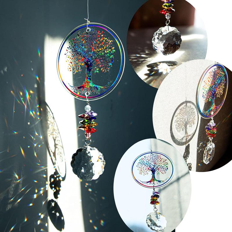 Chakra Tree of Life Suncatcher Glass Art Hanging Ornament Handmade Crystal Mandala Prism Decor Window Car Wall Art Hanging Decor for Home Office