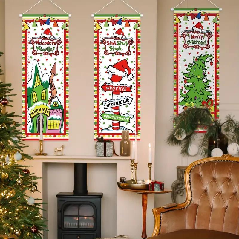 Christmas Door Banner, 3 Counts set Cartoon Pattern Door Hanging Banner, Indoor & Outdoor Festival Decoration, Home Decor Supplies