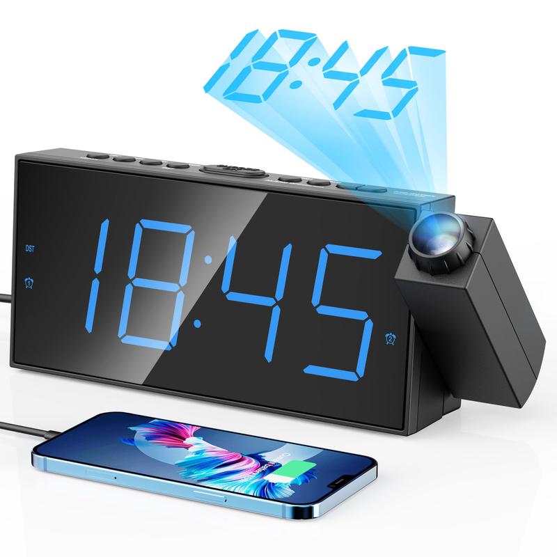 Digital Projection Alarm Clock for Bedroom - Large LED Display,180° Rotatable Projector, 5 Level Dimmer, USB Charger, Battery Backup, Loud Dual Alarm Clock for Everyone in the House, Elderly, Heavy Sleepers,12 24 Hour,Daylight Saving Time Decor Set Switch