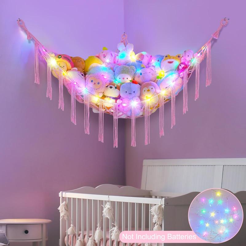 Stuffed Animals Hammock Net Toy Storage Organizer Stuffed Animals Storage Toy Holder Boho Macrame Hanging for Nursery Girls Room Decor