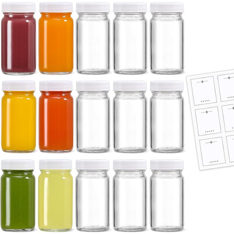 15 Pack 2 oz Glass Shot Mini Bottles w  Black Lids & 15 Labels - Small Clear Jar for Ginger, Wellness Shot, Juice, Sample, Whiskey - Travel Essentials - Wide Mouth, Leakproof, Dishwasher Safe