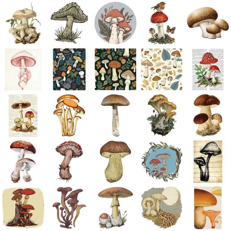 Vintage Mushroom Pattern Sticker, 50pcs set Creative Funny Self Adhesive Decorative Stickers, DIY Decals for Water Bottle, Laptop, Phone Case