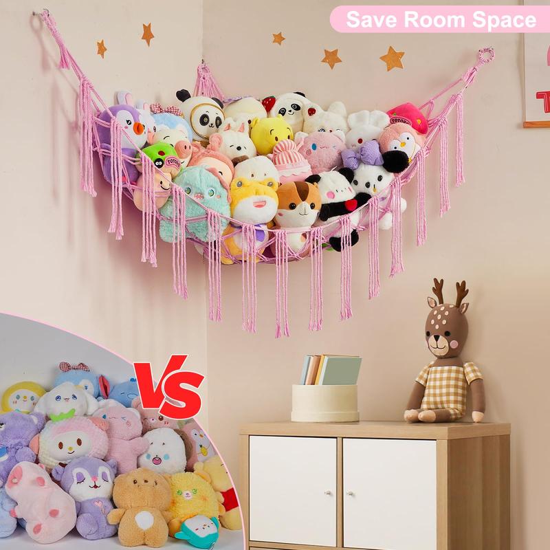 Stuffed Animals Hammock Net Toy Storage Organizer Stuffed Animals Storage Toy Holder Boho Macrame Hanging for Nursery Girls Room Decor