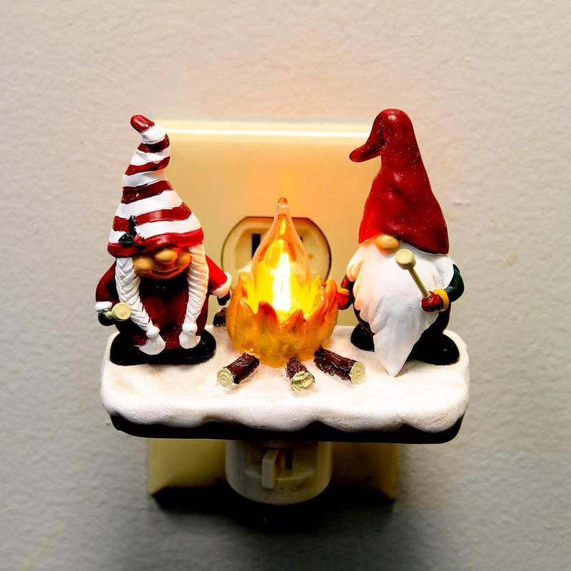 2024 Christmas Gnome Campfire Nightlight: Gnome Night Light Plug into Wall Cute Holiday Design - LED Faux Campfire Lamp Christmas Decoration for Bedroom Living Room Kids Room