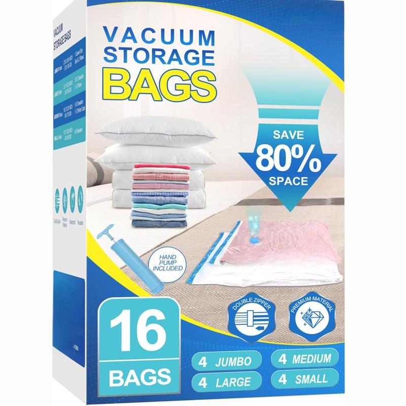 16 Pack Vacuum Storage Bags with Hand Pump, Space Saver Vacuum Seal Bags for Clothing, Vacuum Compression Bags Travel Luggage, Blankets