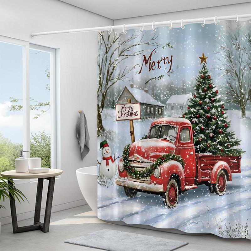 Christmas Theme Shower Curtain, 1 Count Waterproof Fabric Shower Curtain with 12pcs Hooks, Bathroom Decoration Supplies for Home Hotel Salon