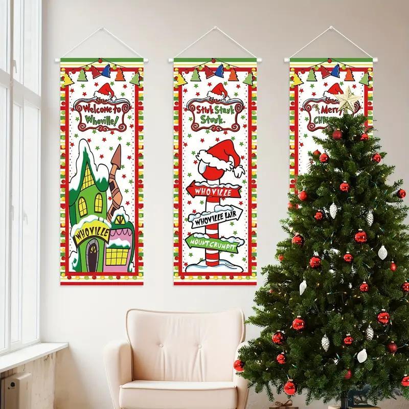 Christmas Door Banner, 3 Counts set Cartoon Pattern Door Hanging Banner, Indoor & Outdoor Festival Decoration, Home Decor Supplies