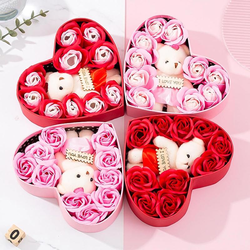 Artificial Rose & Bear Decor Heart Shaped Box, 1 Count Faux Rose & Bear Gift Box, Gift Box for Birthday, Wedding, Anniversary, Fall Essentials, Gift for Mom, Home Decor