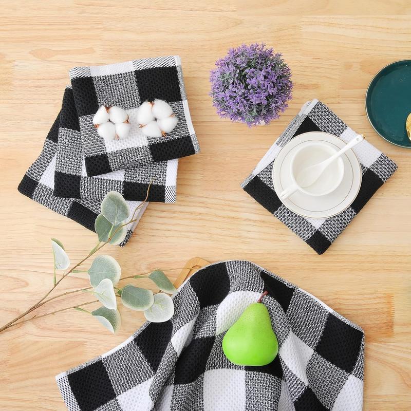 Kitchen Towel and dish towel set, 12 x 12 and 13 x 28 inches, one set of 8 cotton checkered kitchen towels, soft and absorbent dish cloth, white and black