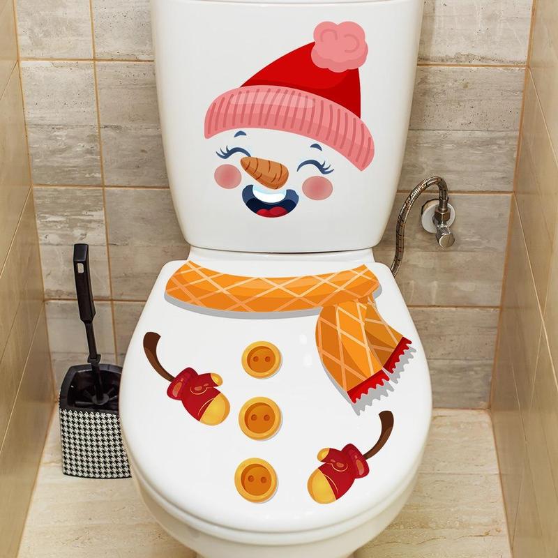 Snowman Design Toilet Sticker, 1 Set Christmas Themed Self Adhesive Toilet Lid Decal, Bathroom Decoration Sticker, Holiday Decoration Supplies