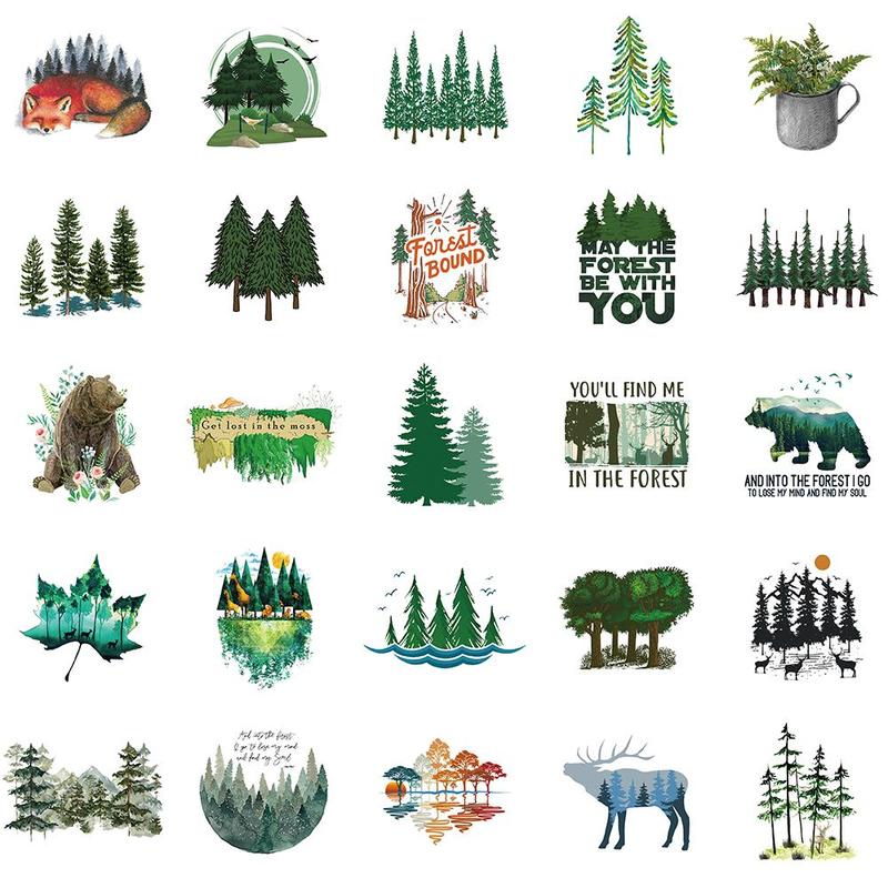 Forest Pattern Sticker, 50pcs set Self Adhesive Decor Sticker for DIY Gift Greeting Card Water Bottle Laptop Phone Case Scrapbook