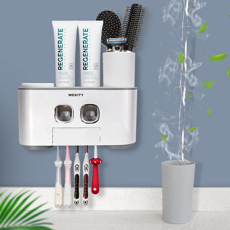 Holder Wall Mounted, WEKITY Multi-Functional  and Toothpaste Dispenser for Bathroom, with 5  Slots, 2 Toothpaste Squeezers and 4 Cups(Grey)