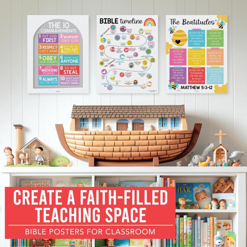 9 Colorful Sunday School Decorations For Classroom - Sunday School Posters, Christian Posters, Christian Classroom Decor, Books Of The Bible Poster, 10 Commandments For Kids, Bible Timeline Chart