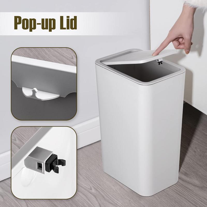 Bathroom Trash Can with Lid, 2.6 Gallon   10 Liter Small Garbage Can with Press Top Lid, Plastic Wastebasket with Pop-up Lid for Toilet, Office, Bedroom, Living Room, Grey