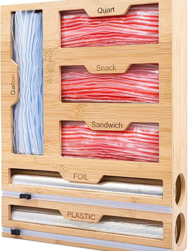 Bamboo Storage Bag Organizer for Drawer - 6 in 1 Foil and Plastic Wrap Organizer with Cutter, Plastic Bag Organizer for Drawer suitable as Gallon, Quart, Sandwich Bag Organizer and Wrapping Papers.