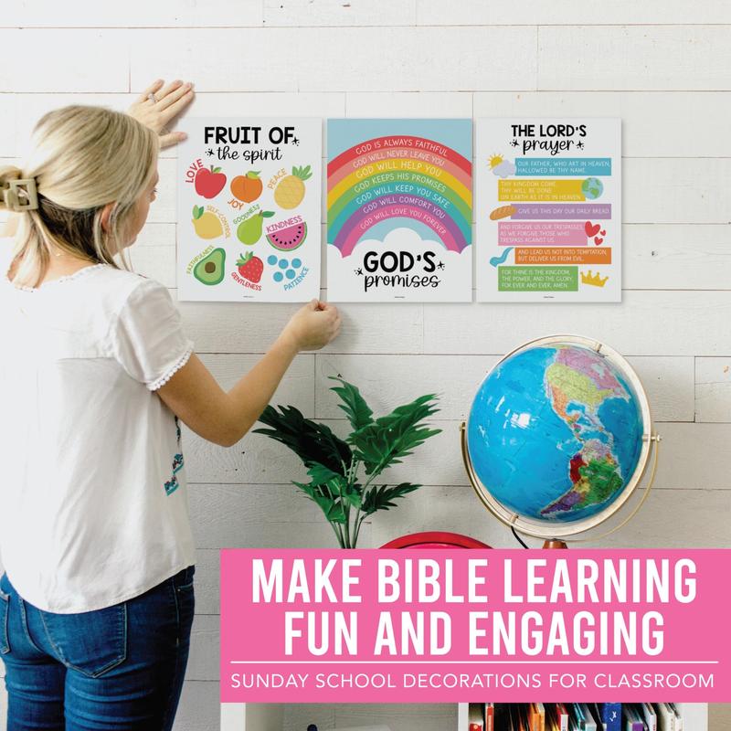 9 Colorful Sunday School Decorations For Classroom - Sunday School Posters, Christian Posters, Christian Classroom Decor, Books Of The Bible Poster, 10 Commandments For Kids, Bible Timeline Chart